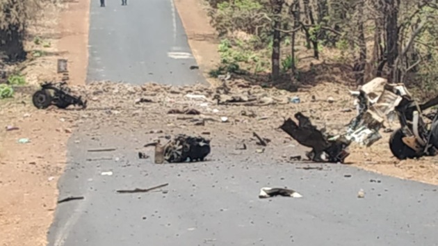 Mangled remains of a vehicle blown up by Maoists in Gadchiroli on Wednesday killing 15 policemen and a driver. (HT PHOTO) Mangled remains of a vehicle blown up by Maoists in Gadchiroli on Wednesday killing 15 policemen and a driver. (HT PHOTO)