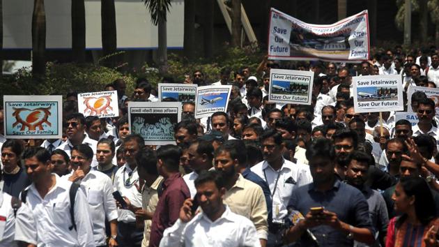 On Labour Day, Jet Airways employees organised a peaceful protest and requested the government’s interference to save the airline in Mumbai. The All India Jet Airways Officers and Staff also gathered to pay condolences to an employee who committed suicide after the airline carrier suspended all flight operations as it ran out of money and failed to raise bank loans. (Francis Mascarenhas / REUTERS) On Labour Day, Jet Airways employees organised a peaceful protest and requested the government’s interference to save the airline in Mumbai. The All India Jet Airways Officers and Staff also gathered to pay condolences to an employee who committed suicide after the airline carrier suspended all flight operations as it ran out of money and failed to raise bank loans. (Francis Mascarenhas / REUTERS)