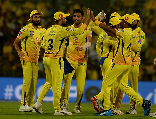Chennai Super Kings cricketers celebrates a wicket of Delhi Capitals Prithvi Shaw during the 2019 Indian Premier League (IPL) Twenty20 cricket match between Chennai Super Kings and Delhi Capitals at the M.A. Chidambaram Stadium in Chennai. (AFP)