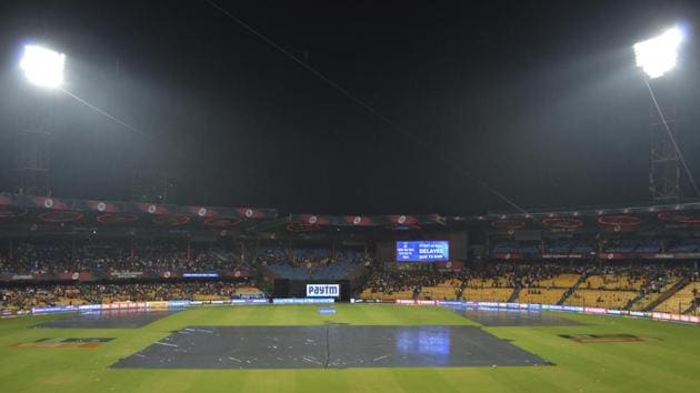 A tarpaulin covers the pitch as heavy rains stopped the IPL 2019 match. (AP)