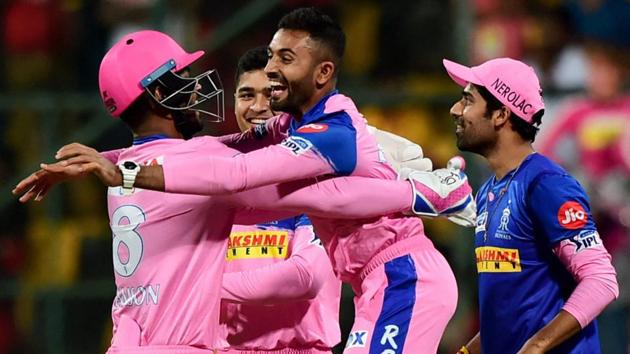 RR bowler Shreyas Gopal with team mates celebrates after taking the wicket of RCB batsman Marcus Stoinis. (PTI) RR bowler Shreyas Gopal with team mates celebrates after taking the wicket of RCB batsman Marcus Stoinis. (PTI)