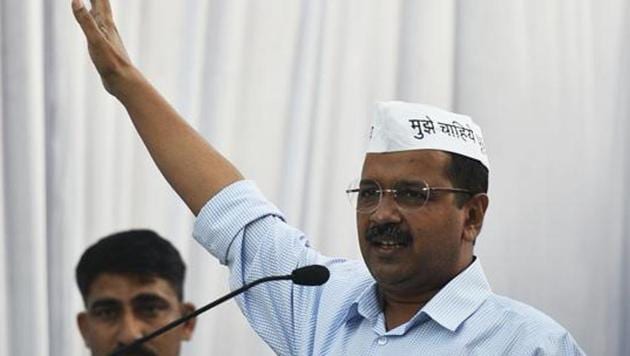 New Delhi, India - March 26, 2019: Delhi Chief Minister Arvind Kejriwal addresses to the crowd during campaign rally for upcoming Lok Sabha elections at Rohini in New Delhi, India, on Tuesday, March 26, 2019. (Photo by Biplov Bhuyan/ Hindustan Times)(Biplov Bhuyan/HT PHOTO)