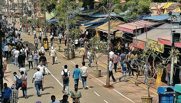 A view of the stretch on Ajmal Khan Road that was marked a pedestrian zone.(Biplov Bhuyan/HT Photo)