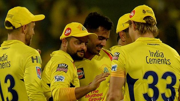 Chennai Super Kings cricketers celebrates a wicket of Delhi Capitals Prithvi Shaw. (AFP)