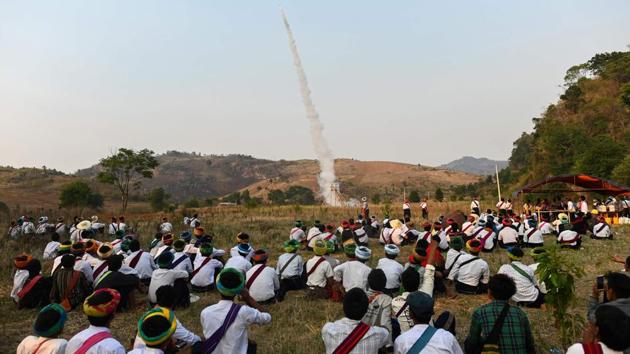 The whole village celebrates a good flight -- they after all clubbed together to fund the rockets that cost around $170 each. Judged by distance, the villages behind the top three placed rockets each take a share of the pooled entry fees. With 75 rockets in this year’s competition, the prize money amounted to some $4,000 -- enough to upgrade a road, build a bridge or connect more homes to the grid. (Ye Aung Thu / AFP)