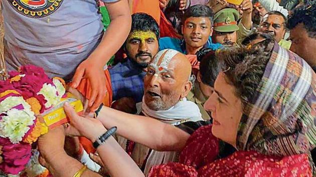 On the road leading to Hanuman Garhi temple, which Priyanka visited, sweetmeat shop owner Ravi said: “Ayodhya became a VIP constituency only after the BJP came to power in the state.”(HT Photo)