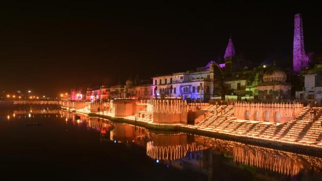 In this file photo of October last year, Naya ghat wears a festive look ahead of Divya Deepotsav celebration in Ayodhya.(HT)