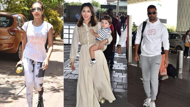 Malaika Arora, Sunny Leone and Vicky Kaushal at the Mumbai airport. (Varinder Chawla) Malaika Arora, Sunny Leone and Vicky Kaushal at the Mumbai airport. (Varinder Chawla)