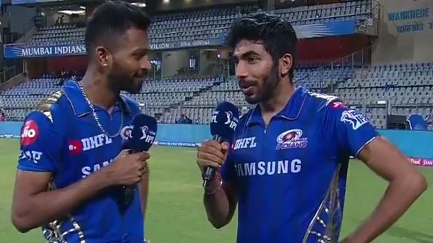 Jasprit Bumrah and Hardik after MI vs SRH match that Mumbai Indians won in Super Over.(Screen Grab)