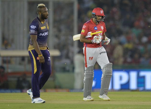 Kings XI Punjab cricketer and team captain Ravichandran Ashwin walks back after he was dismissed by Kolkata Knight Riders bowler Andre Russell (L) during the 2019 Indian Premier League (IPL) Twenty20 cricket match between Kings XI Punjab and Kolkata Knight Riders at The Punjab Cricket Association Stadium in Mohali. (AFP) Kings XI Punjab cricketer and team captain Ravichandran Ashwin walks back after he was dismissed by Kolkata Knight Riders bowler Andre Russell (L) during the 2019 Indian Premier League (IPL) Twenty20 cricket match between Kings XI Punjab and Kolkata Knight Riders at The Punjab Cricket Association Stadium in Mohali. (AFP)