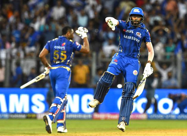 Hardik Pandya and Kieron Pollard wrapped up the Super Over in three deliveries and helped MI book a place in the playoffs. (AFP) Hardik Pandya and Kieron Pollard wrapped up the Super Over in three deliveries and helped MI book a place in the playoffs. (AFP)