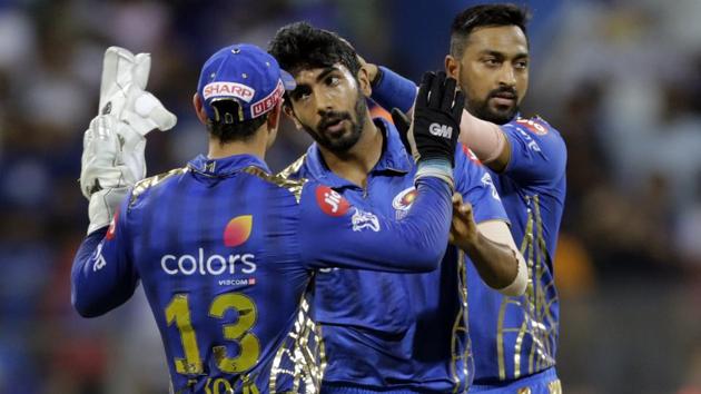 Mumbai Indians Jasprit Bumrah celebrates a wicket with his teammates. (AP)