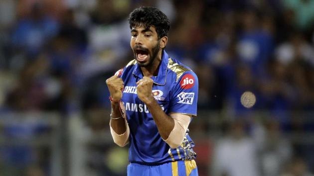 Mumbai Indians’ Jasprit Bumrah celebrates a wicket during the match against Sunrisers Hyderabad.(AP)