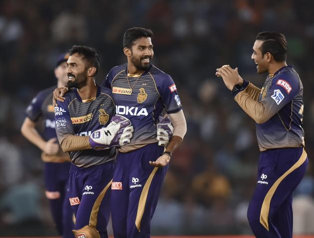 Mohali: KKR bowler Sandeep Warrier celebrates the wicket of KXIP batsman Chris Gayle with his teammates during the Indian Premier League (IPL T20 2019) cricket match between Kolkata Knight Riders (KKR) and Kings XI Punjab (KXIP), at The Punjab Cricket Association Stadium, in Mohali. (PTI) Mohali: KKR bowler Sandeep Warrier celebrates the wicket of KXIP batsman Chris Gayle with his teammates during the Indian Premier League (IPL T20 2019) cricket match between Kolkata Knight Riders (KKR) and Kings XI Punjab (KXIP), at The Punjab Cricket Association Stadium, in Mohali. (PTI)