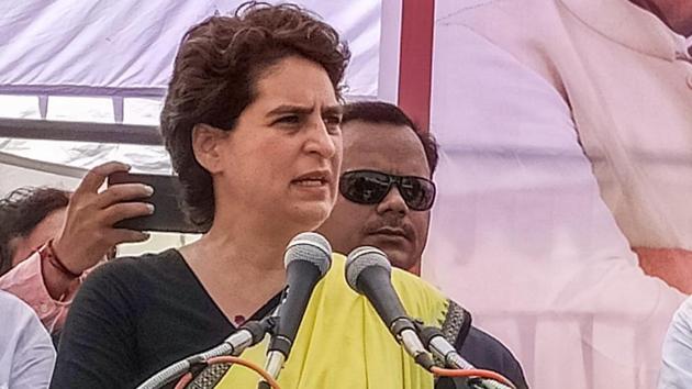 Congress General Secretary Priyanka Gandhi Vadra addressing an election rally in Raebareli.(PTI Photo)