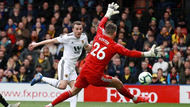 Wolverhampton Wanderers’ Diogo Jota scores their second goal against Watford during their Premier League match at Vicarage Road in Watford, England. (Ian Walton / REUTERS)