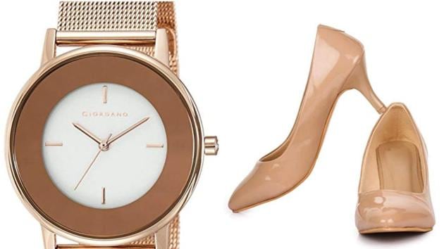 A picture of an analog watch and a pair of heels for women.(Amazon.in)