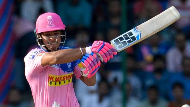 Rajasthan Royals cricketer Riyan Parag plays a shot.(AFP)