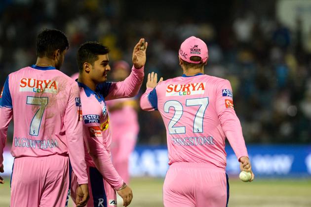 Rajasthan Royals cricketer Liam Livingston (R) celebrates with teammates after his catch of Delhi Capitals cricketer Sherfane Rutherford during the 2019 Indian Premier League (IPL) Twenty20 cricket match between Delhi Capitals and Rajasthan Royals at the Feroz Shah Kotla stadium in New Delhi. (AFP)