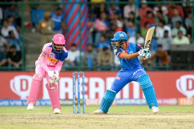 Delhi Capitals cricketer Shreyas Iyer (R) plays a shot during the 2019 Indian Premier League (IPL) Twenty20 cricket match between Delhi Capitals and Rajasthan Royals at the Feroz Shah Kotla stadium in New Delhi. (AFP)