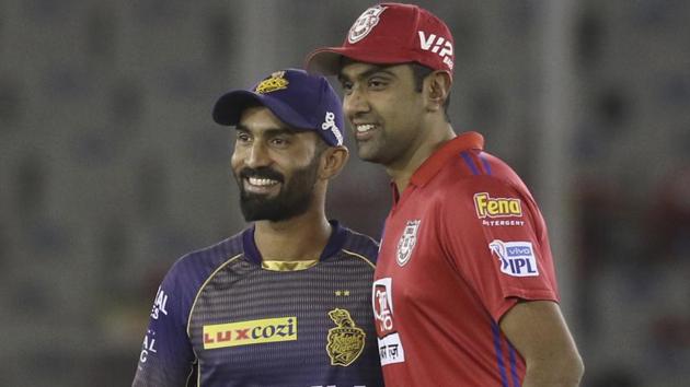 Kolkata Knight Riders captain Dinesh Karthik, left, and Kings XI Punjab captain Ravichandran Ashwin pose. (AP) Kolkata Knight Riders captain Dinesh Karthik, left, and Kings XI Punjab captain Ravichandran Ashwin pose. (AP)