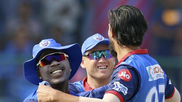 Delhi Capitals' players celebrate the wicket of Ajinkya Rahane. (AP)