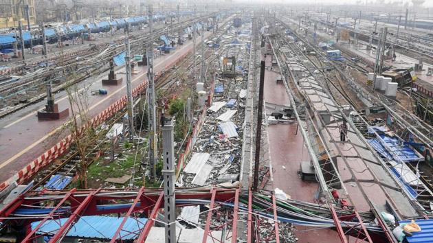 Debris covers the train tracks and platforms at the storm-damaged railway station in Puri. The Odisha government claimed the cyclone ‘Fani’ has led to one of the biggest human evacuations in history as a record 1.2 million people were evacuated in 24 hours including 3.2 lakh from Ganjam district and 1.3 lakh from Puri. (Dibyangshu Sarkar / AFP) Debris covers the train tracks and platforms at the storm-damaged railway station in Puri. The Odisha government claimed the cyclone ‘Fani’ has led to one of the biggest human evacuations in history as a record 1.2 million people were evacuated in 24 hours including 3.2 lakh from Ganjam district and 1.3 lakh from Puri. (Dibyangshu Sarkar / AFP)