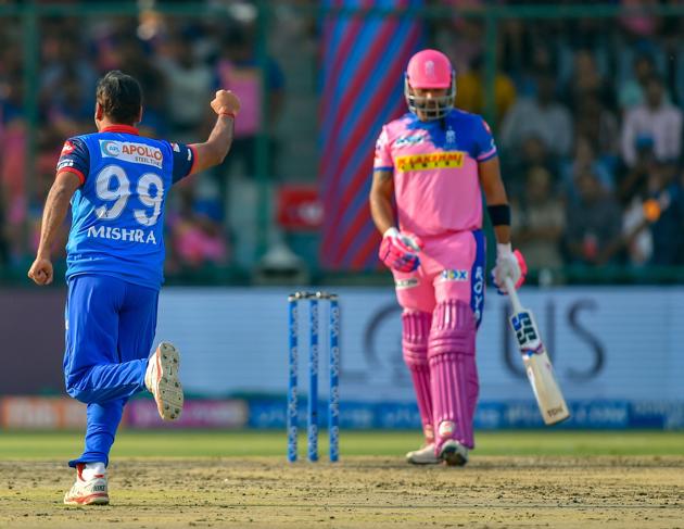 New Delhi: DC bowler Amit Mishra celebrates after claiming the wicket of S. Binny during the Indian Premier League 2019 (IPL T20) cricket match between Delhi Capitals (DC) and Rajasthan Royals (RR). (PTI)