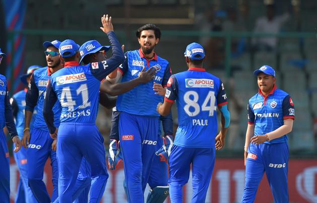 New Delhi: DC bowler Ishant Sharma celebrates the wicket of Rajasthan Royals batsman Lian Livington, with his team mates, during the Indian Premier League 2019 (IPL T20) cricket match between Delhi Capitals (DC) and Rajasthan Royals (RR), in New Delhi. (PTI)
