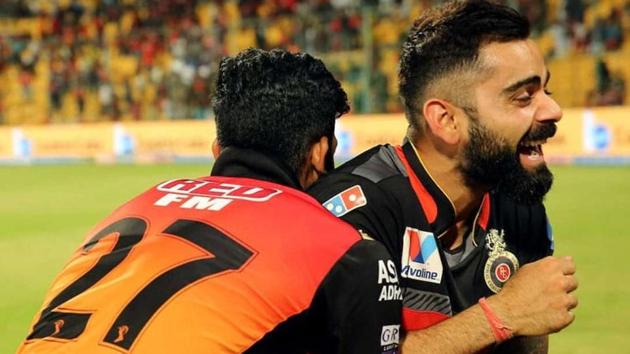 Virat Kohli (R) and Khaleel Ahmed after their Indian Premier League (IPL) encounter.(Twitter) Virat Kohli (R) and Khaleel Ahmed after their Indian Premier League (IPL) encounter.(Twitter)