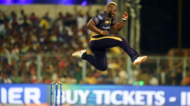 Andre Russell jumps as he celebrates after taking the wicket of Mumbai Indian’s Evin Lewis during the 2019 Indian Premier League (IPL) Twenty 20 cricket match between Kolkata Knight Riders and Mumbai Indians at the Eden Gardens Cricket Stadium, in Kolkata, West Bengal. (Dinyangshu Sarkar / AFP) Andre Russell jumps as he celebrates after taking the wicket of Mumbai Indian’s Evin Lewis during the 2019 Indian Premier League (IPL) Twenty 20 cricket match between Kolkata Knight Riders and Mumbai Indians at the Eden Gardens Cricket Stadium, in Kolkata, West Bengal. (Dinyangshu Sarkar / AFP)