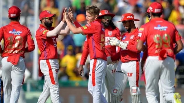 Kings XI Punjab bowler Sam Curran (C) celebrates with his teammate Mohammed Shami (2L). (AFP) Kings XI Punjab bowler Sam Curran (C) celebrates with his teammate Mohammed Shami (2L). (AFP)