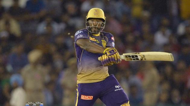 Kolkata Knight Riders cricketer Andre Russell plays a shot during the 2019 Indian Premier League (IPL) Twenty20 cricket match between Kings XI Punjab and Kolkata Knight Riders at The Punjab Cricket Association Stadium in Mohali on May 3, 2019. (AFP) Kolkata Knight Riders cricketer Andre Russell plays a shot during the 2019 Indian Premier League (IPL) Twenty20 cricket match between Kings XI Punjab and Kolkata Knight Riders at The Punjab Cricket Association Stadium in Mohali on May 3, 2019. (AFP)