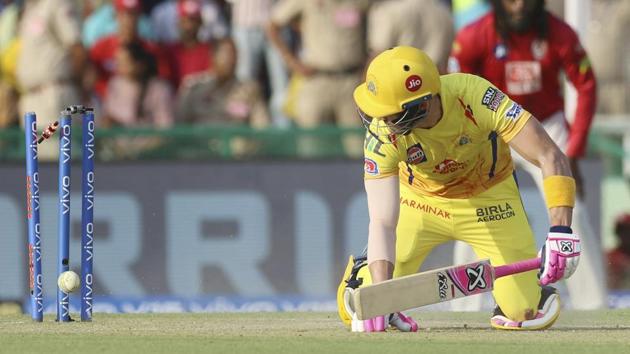 Faf du Plessis of Chennai Super Kings is bowled at 96. (AP) Faf du Plessis of Chennai Super Kings is bowled at 96. (AP)
