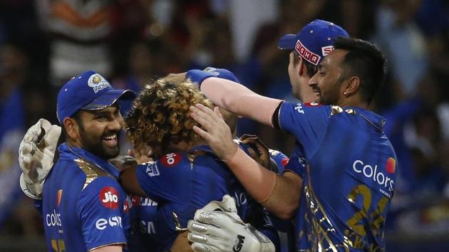 Mumbai Indians celebrates the dismissal of Andre Russell of Kolkata Knight Riders. (AP)