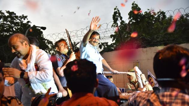 Delhi Chief Minister Arvind Kejriwal during a roadshow ahead of the Lok Sabha elections, at Sonia Vihar, in New Delhi. (Sanchit Khanna / HT Photo) Delhi Chief Minister Arvind Kejriwal during a roadshow ahead of the Lok Sabha elections, at Sonia Vihar, in New Delhi. (Sanchit Khanna / HT Photo)