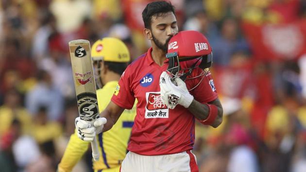KL Rahul of Kings XI Punjab, kisses his helmet as he celebrates fifty runs. (AP) KL Rahul of Kings XI Punjab, kisses his helmet as he celebrates fifty runs. (AP)
