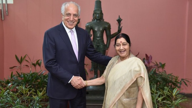 US special envoy for Afghanistan reconciliation, Zalmay Khalilzad with External Affairs Minister Sushma Swaraj in Delhi on Monday. (MEA PHOTO) US special envoy for Afghanistan reconciliation, Zalmay Khalilzad with External Affairs Minister Sushma Swaraj in Delhi on Monday. (MEA PHOTO)