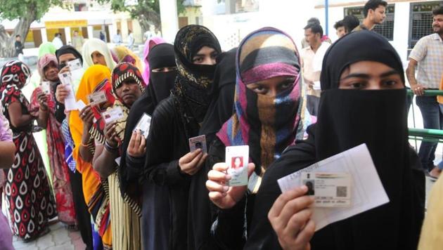 Female voters displaying their inked finger after casting vote during 5th phase of Lok sabha election here at Mujasa village Malihabad in Lucknow.(Deepak Guptaj/HT Photo) Female voters displaying their inked finger after casting vote during 5th phase of Lok sabha election here at Mujasa village Malihabad in Lucknow.(Deepak Guptaj/HT Photo)