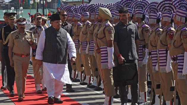Jammu & Kashmir Governor Satya Pal Malik inspects guard of honour during Darbar Move at the Civil Secretariat lawns in Srinagar. The practice of ‘Darbar Move’ -- under which the state government functions in Jammu during six months of winter and in Srinagar during summer -- was started by Maharaja Gulab Singh in 1872 to escape extreme weather conditions in the two regions of the state. (Waseem Andrabi / HT Photo) Jammu & Kashmir Governor Satya Pal Malik inspects guard of honour during Darbar Move at the Civil Secretariat lawns in Srinagar. The practice of ‘Darbar Move’ -- under which the state government functions in Jammu during six months of winter and in Srinagar during summer -- was started by Maharaja Gulab Singh in 1872 to escape extreme weather conditions in the two regions of the state. (Waseem Andrabi / HT Photo)