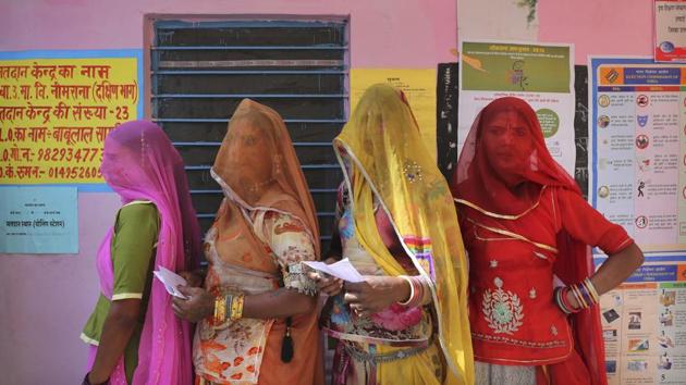 Voters show their finger marked with indelible ink after casting vote at a polling station in Neemrana. The BJP won all 25 constituencies in Rajasthan in the 2014 elections. Given the Congress victory in the 2018 assembly elections, a repeat seems unlikely. A total of 12 constituencies in Rajasthan are going to polls on Monday. (Manish Swarup / AP) Voters show their finger marked with indelible ink after casting vote at a polling station in Neemrana. The BJP won all 25 constituencies in Rajasthan in the 2014 elections. Given the Congress victory in the 2018 assembly elections, a repeat seems unlikely. A total of 12 constituencies in Rajasthan are going to polls on Monday. (Manish Swarup / AP)