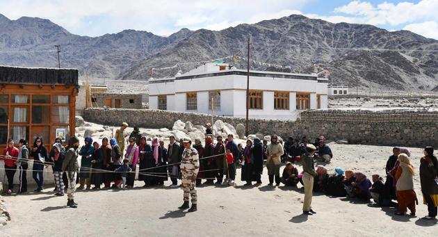 Voters stand in a queue at a polling station in Shey village, Leh. The Ladakh Lok Sabha constituency has an electoral strength of 174,618 voters. (PTI) Voters stand in a queue at a polling station in Shey village, Leh. The Ladakh Lok Sabha constituency has an electoral strength of 174,618 voters. (PTI)