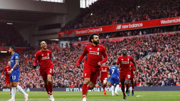 Liverpool's Mohamed Salah celebrates scoring their second goal against Chelsea.(REUTERS) Liverpool's Mohamed Salah celebrates scoring their second goal against Chelsea.(REUTERS)