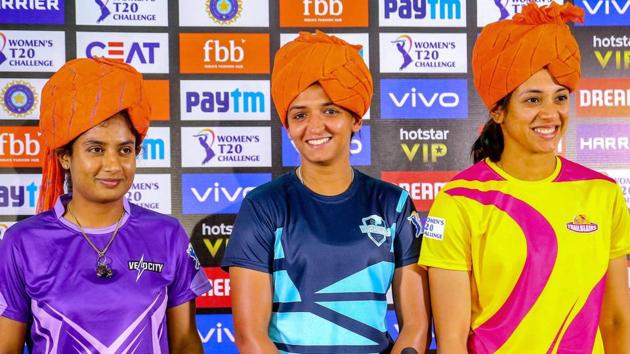 Jaipur: Velocity team captain Mithali Raj , Supernovas team captain Harmanpreet Kaur and Trailblazers team captain Smriti Mandhana address media personnel, ahead of the Women T20 Challenge matches, in Jaipur, Saturday, May 4, 2019.(PTI)(PTI5_4_2019_000221B)(PTI)