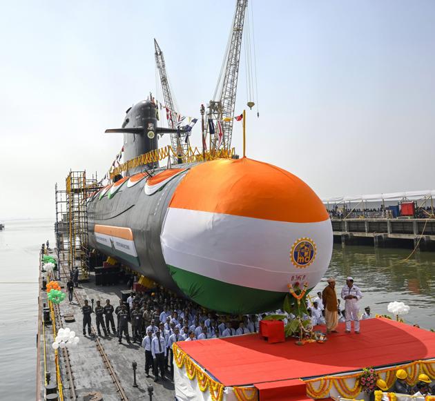Indian Navy's fourth stealth Scorpene class Submarine Vela, built at the Mazagon Dock Limited (MDL), during its launch in Mumbai. The submarine will now commence sea trials and soon join the Indian Navy's submarine fleet. (PTI) Indian Navy's fourth stealth Scorpene class Submarine Vela, built at the Mazagon Dock Limited (MDL), during its launch in Mumbai. The submarine will now commence sea trials and soon join the Indian Navy's submarine fleet. (PTI)