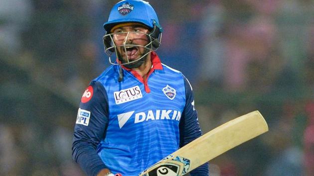 Delhi Capitals cricketer Rishabh Pant celebrates after hitting the winning runs.(AFP)