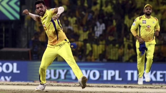 Deepak Chahar of Chennai Super Kings celebrates after taking the wicket of Rohit Sharma of Mumbai Indians. (AP) Deepak Chahar of Chennai Super Kings celebrates after taking the wicket of Rohit Sharma of Mumbai Indians. (AP)