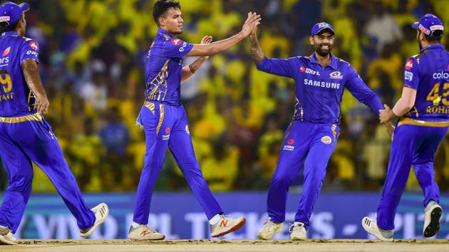 Mumbai Indian bowler Rahul Chahar celebrates with teammates after dismissing Chennai Super Kings batsman Faf du Plessis. (PTI) Mumbai Indian bowler Rahul Chahar celebrates with teammates after dismissing Chennai Super Kings batsman Faf du Plessis. (PTI)