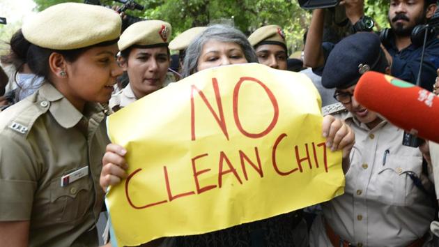 On Tuesday, several women lawyers and activists were among protesters outside the Supreme Court, questioning the clean chit given to Chief Justice Ranjan Gogoi in a sexual harassment case a day ago. As it is not allowed to gather outside the apex court for any demonstration, the Delhi Police detained protesters and imposed Section 144 in the area to prevent further escalation. (Amal KS / HT Photo) On Tuesday, several women lawyers and activists were among protesters outside the Supreme Court, questioning the clean chit given to Chief Justice Ranjan Gogoi in a sexual harassment case a day ago. As it is not allowed to gather outside the apex court for any demonstration, the Delhi Police detained protesters and imposed Section 144 in the area to prevent further escalation. (Amal KS / HT Photo)