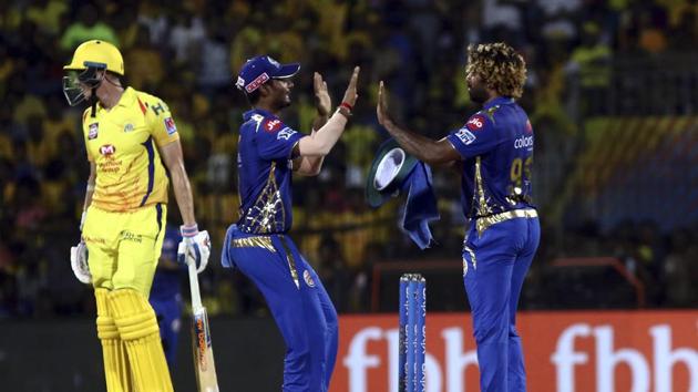 Lasith Malinga of Mumbai Indians celebrates after taking the wicket of Dwayne Bravo Chennai Super Kings during the VIVO IPL T20 cricket match between Chennai Super Kings and Mumbai Indians in Chennai, India, Friday, April 26, 2019(AP)